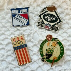 Vintage Sports Pins Lot Of 4 NY rangers, Jets, Boston Celtics, USA Olympics